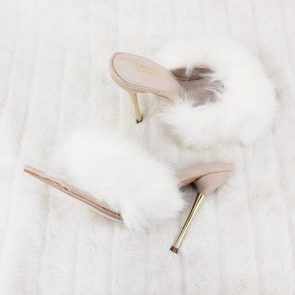 Furry Pointy Toe Slip On Gold Tone Slim Heels Nude - Picture 2 of 11